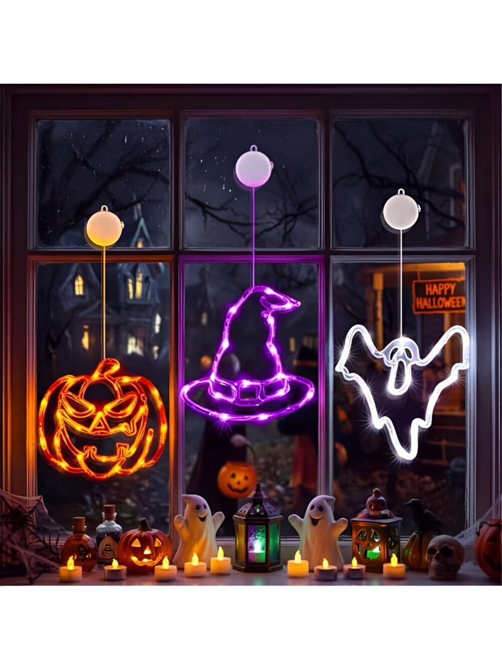 3 Pack Halloween Windows Lights - Pumpkin, Ghost, Hat with Timer